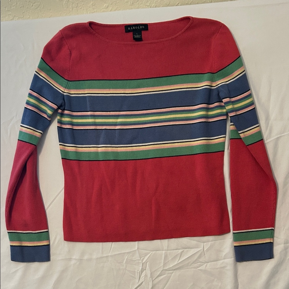 Harold's Red Striped Crewneck Sweater with Blue, Green and Cream Bands